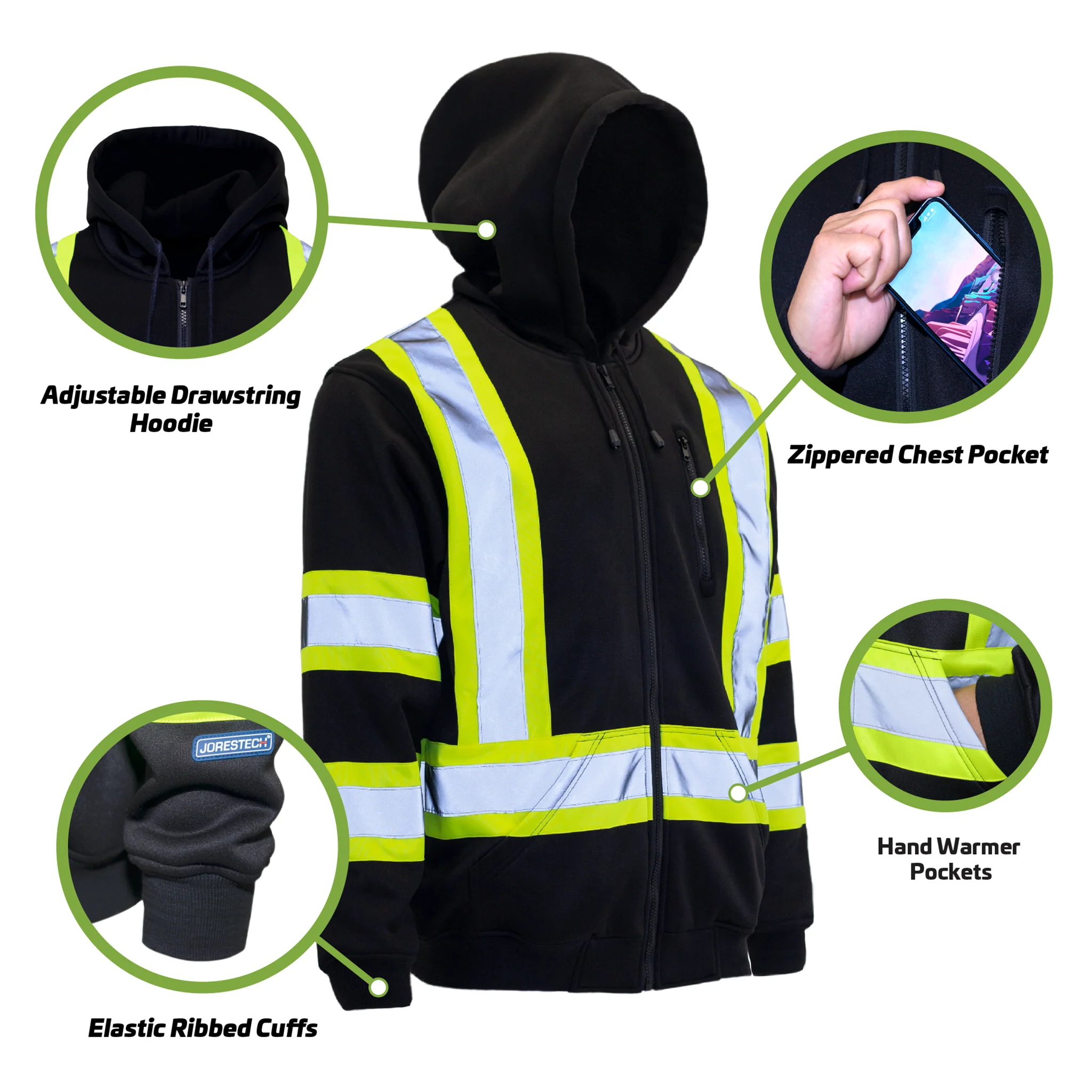 Hi-Vis Two Tone Yellow/Black Safety Hooded Sweatshirt with Reflective Stripes - Image 16