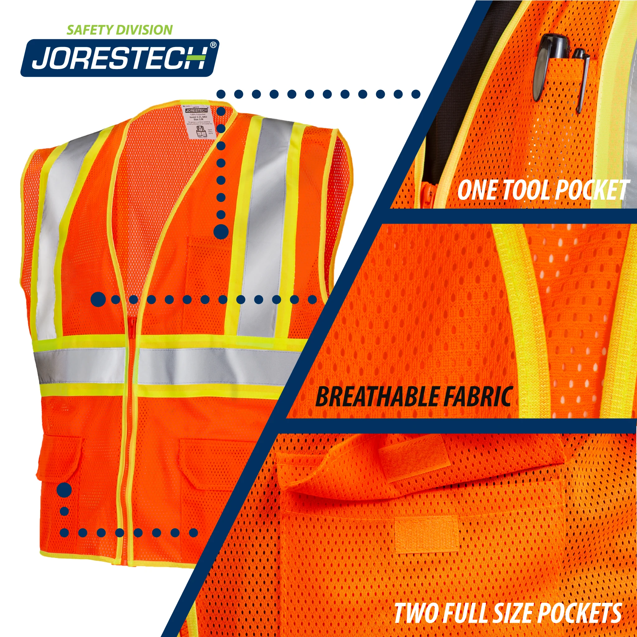 Hi-Vis Two Toned Mesh Safety Vest with 2” Reflective Strips and Pockets - Image 12