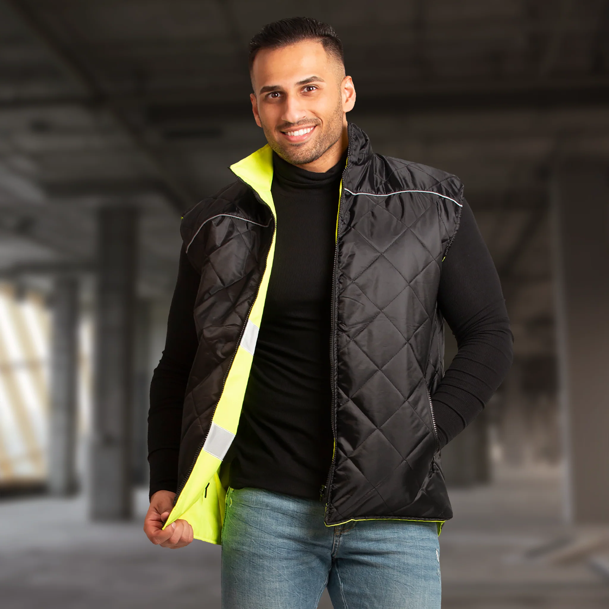 Hi-Vis Yellow/Black Reversible Insulated Safety Vest with Reflective Strips - Image 7