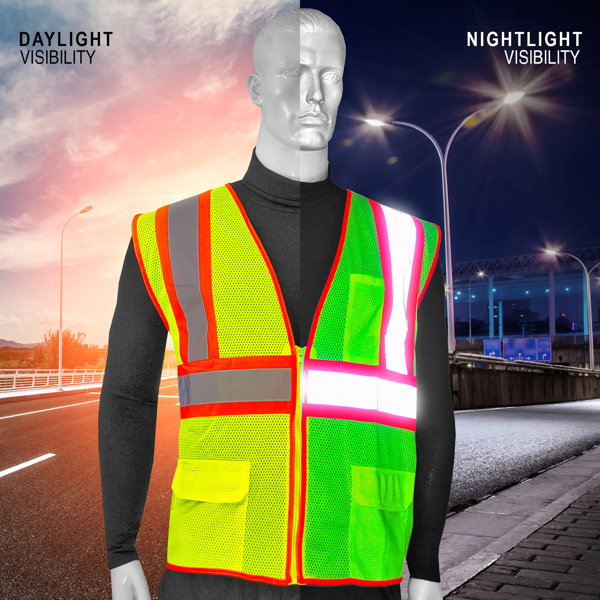 Printed Hi-Vis Two Toned Mesh Safety Vest with 2” Reflective Strips and Pockets - Lime - Image 8